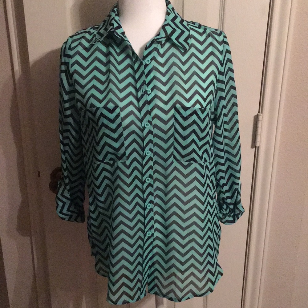 Mint and Navy Chevron Print Blouse